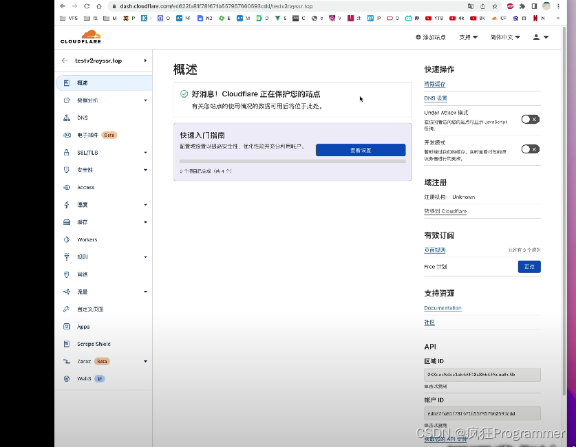 注册结束后等待4分钟 刷新cloudflare,出现此页面就说明托管成功了